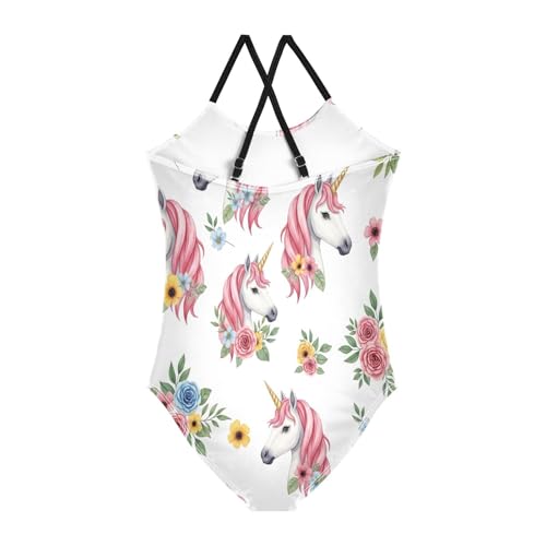 Unicorn Heads Colorful Flowers Swimming Suit for Girls, Summer Beach Swimsuit, 3-102