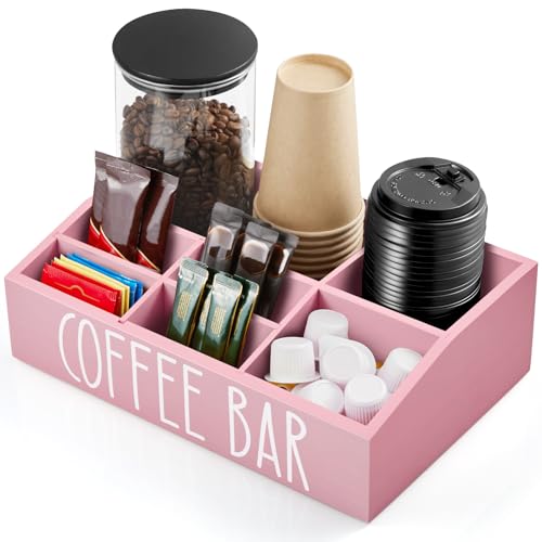 ALELION Pink Coffee Station Organizer for Countertop - 7 Compartments Coffee Bar Accessories and Organizer with Removable Dividers - for Pink Kitchen Coffee Bar Decor