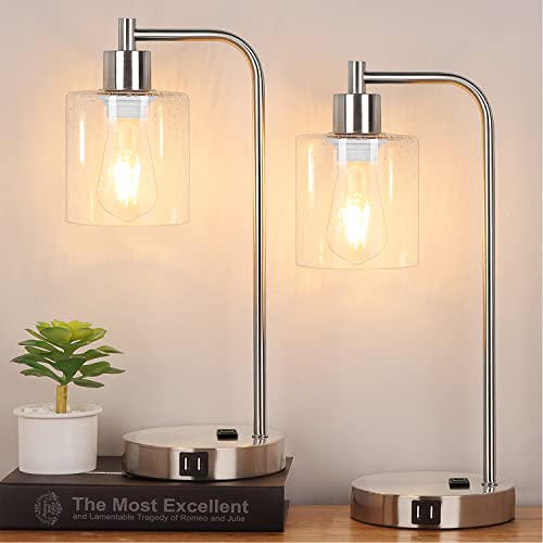 Industrial Touch Control Table Lamps Set Of 2 - Brushed Nickel Nightstand Bedside Lamps With 2 Usb Ports & Ac Outlet, 3-Way Dimmable Desk Lamp For Bedroom Living Room, Glass Shade & Led Bulbs Included #TOP8