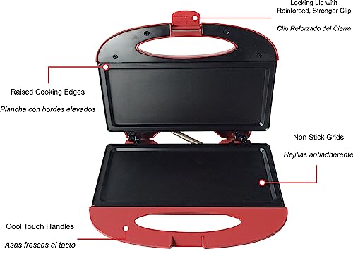 Bene Casa - Red Nonstick Flat Grill Sandwich Maker - Includes Cool-touch Handles and Die Cast Aluminum Cooking Surface