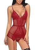 Strapsen Dessous Set 3-tlg Erotik Spitze Reizwäsche Reizvolle Lingerie Bustier Unterwäsche Push up BH + Panty + Strumpfhalter für Damen L Rot