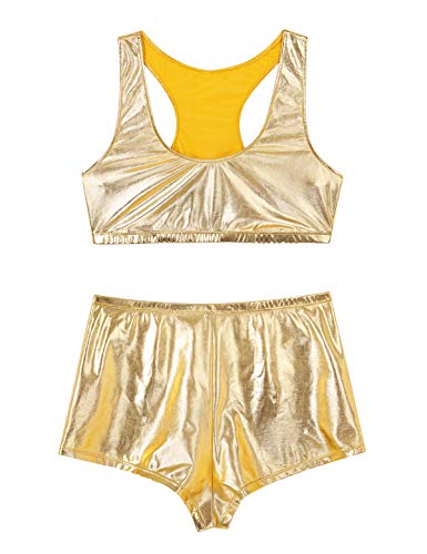 Msemis Woman 2 Piece Sports Outfit Metallic Racerback Bra Crop Top High Waist Shorts Bottom Tracksuit Gold Small #TOP4