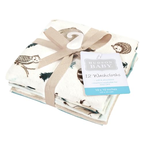 Image of Hudson Baby Unisex Baby Flannel Cotton Poly Washcloths, Boy Woodland Pals 12Pk, One Size