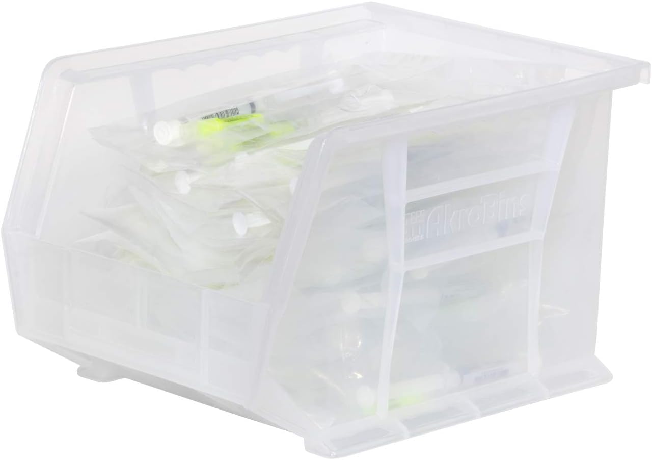 Akro-Mils 30239 AkroBins Plastic Storage Bins, Space-Saving Stackable Bins for Garage, Pantry, Craft Organization, 11-" x 8-" x 7-", Clear, 6-Pack