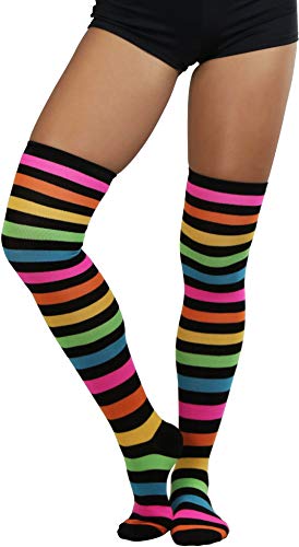 Image of ToBeInStyle Women's Bright Vibrant Rainbow Striped Thigh High Rave Stockings