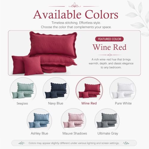 Image of HZ & HY Oversized King Bedspread, Embossed Damask Quilt Set King /Cal King, Lightweight Reversible Coverlet, Scalloped Edge - Warm Traditional Look, 5 Piece, Wine Red