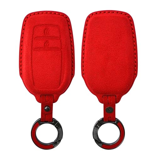 Image of KMH Alcantara Car Key Cover Compatible with Toyota Innova Crysta Hilux 2 Buttons Shell Case Car Accessories Key Smart Keycover with Keychain (D2) Red - Pack of 1