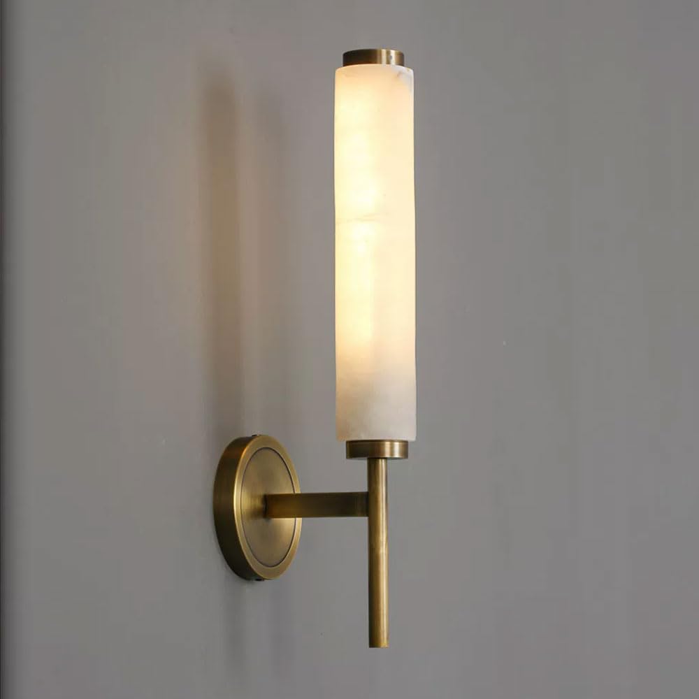 JISHUBO LED Light Source Copper Base Wall Light, Modern Industrial Style Wall Lamp, Cylindrical Natural Alabaster Wall Sconce, Restaurant Bedroom Living Room Decoration Light Fixtures