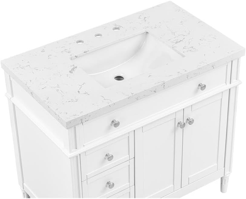 BOWERY HILL Contemporary Solid Wood Bathroom Vanity, 37 in Stone Top with Undermount Sink, White Finish, Fluted Legs, Shaker-Style Doors, Modern Bathroom Cabinet with Storage