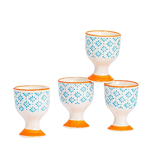 Nicola Spring Porcelain Breakfast Egg Cups - Blue/Orange Pattern Print - 54x73mm - Pack of 4