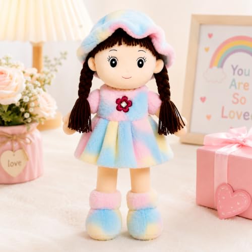 Soft Plush Rag Doll Set of 1 for Kids, 42 cm Stuffed Dolls with Braided Hair, Rainbow Dress, Cute Hugging Toy, Birthday Gift for Girls & Boys Age 3+ S