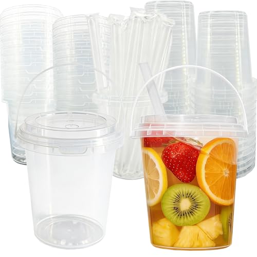 TTzycc 30 Sets 34 oz Drink Buckets with Lids and Straws Reusable Clear Plastic Party Cups for Iced Coffee Smoothies Sturdy & Durable Beverage Tubs for Lemonade Pool and Beach Parties
