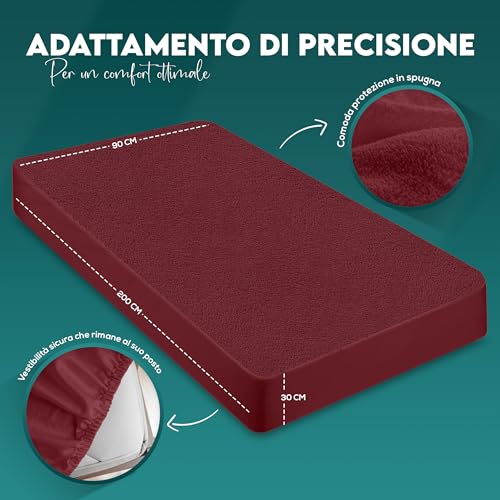 Utopia Bedding Coprimaterasso Singolo Impermeabile 90 x 200 x 30 cm, Certificato OEKO-TEX, Proteggi Materasso, Traspirante, Lavabile, Stile Montato Tutto Intorno Elastico Bordeaux - Immagine 1