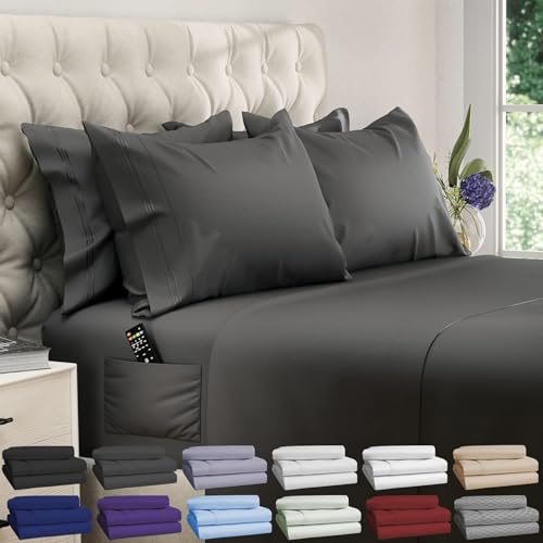 Image of DREAMCARE Full Size Sheets - 6 pcs Breathable Cooling Sheets Full Size Bed | up to 15 inch Deep Pocket Full Sheet Set with Side Pockets - Extra Soft Full Size Bed Sheets - Hotel Luxury Bed Sheets - Gray
