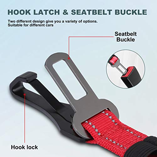 Image of IOKHEIRA Dog Seat Belt 3-in-1 Car Harness for Pets Adjustable Safety Seatbelt Nylon Reflective Bungee Fabric Dog Car Harness with Clip Hook Latch & Buckle, Swivel Zinc Alloy Carabiner Red