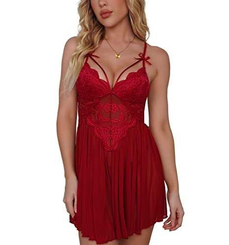 Queenfox Lingerie For Women Lace Babydoll Mesh Sheer Chemise Nightgown Deep V-Neck Side Split Bow Shoulder Strap Nightdress (Wine Red, X-Large) #TOP23