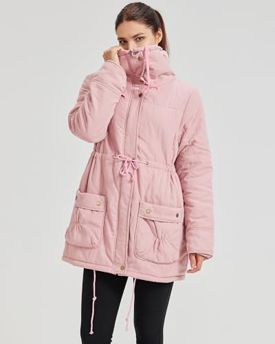 MEWOW Women's Winter Mid Length Thick Warm Faux Lamb Wool Lined Jacket Coat (S, Pink)