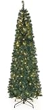 okicoler Christmas Tree, 6.5ft Pre-Lit Slim Pencil Fir Tree, 775 Branch Tips with 250 Incandescent Warm White Lights, Metal Hinges, White Holiday Decoration for Corner
