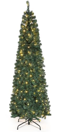 okicoler Christmas Tree, 6.5ft Pre-Lit Slim Pencil Fir Tree, 775 Branch Tips with 250 Incandescent Warm White Lights, Metal Hinges, White Holiday Decoration for Corner