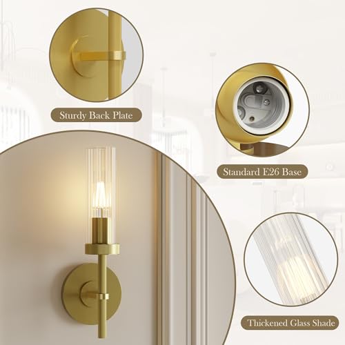 Image of Wall Sconces Set of 2 (with 2 Bulbs), Modern Bathroom Wall Sconces Lighting with Thickened Glass, Hardwired Wall Mount Light Fixtures for Bathroom, Bedroom, Hallway, Living Room(Gold)