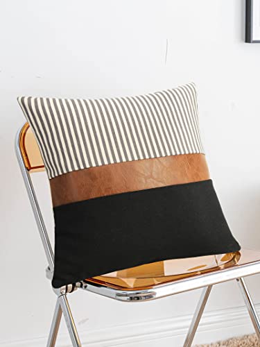 Cygnus Set Of 2 Farmhouse Decor Stripe Patchwork Black Linen Throw Pillow Covers,Modern Tan Faux Leather Accent Pillow Covers 18X18 Inch,Grey Stripe #TOP4