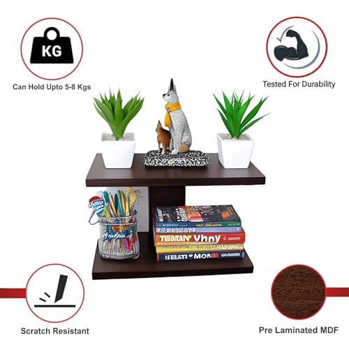 Image of I Shape Wall Shelf Engineered Wooden Brown Finish Floating Stylish Wall Mounted Set Top Box Stand and Book Shelves Home Decorative Items (Pack of 1, Brown)