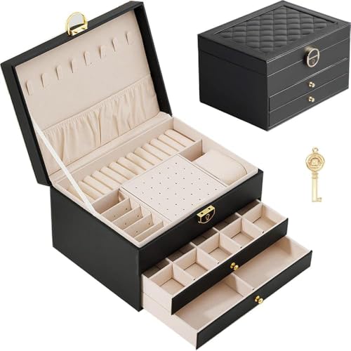 Porta Joias, Porta Joias Grande, Caixa de Joias Organizadora de Três Camadas, Organizador de Joias com Divisórias e Armazenamento Razoáveis, Adequado para homens e mulheres, Trancável com chave