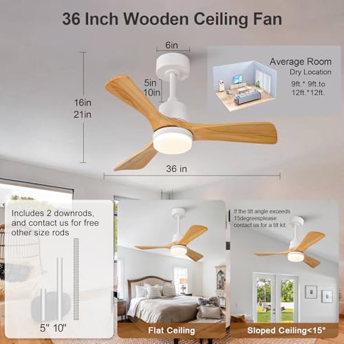 Image of 36 Inch Outdoor Ceiling Fans with Lights and Remote Control, Dimmable 3 Blades Wood Outdoor Ceiling Fans for Patios White Natural Wood Bedroom Ceiling Fan with Light, Wall Switch