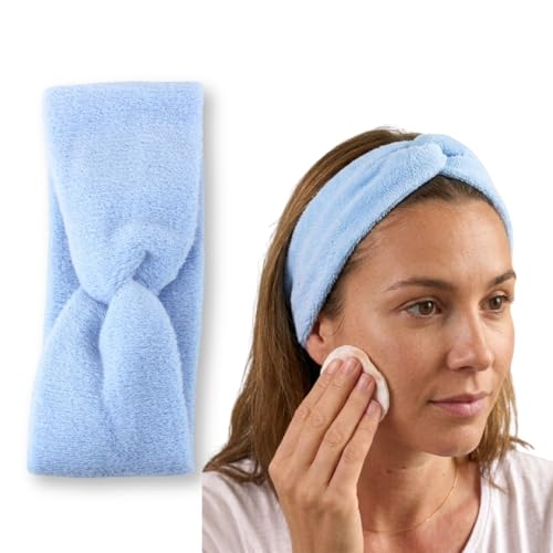 Righe e Pois Fascia per Capelli Donna In Spugna di Cotone Made in Italy Con Nodo Centrale (Azzurro) - Fascia Trucco Capelli Elasticizzata Per Skincare