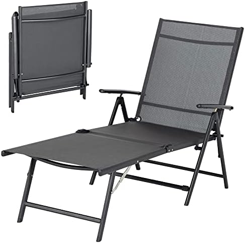 Esright Outdoor Chaise Lounge Chair, Folding Textilene Reclining Lounge Chair for Beach Yard Pool Patio with 7 Back & 2 Leg Adjustable Positions, Gray