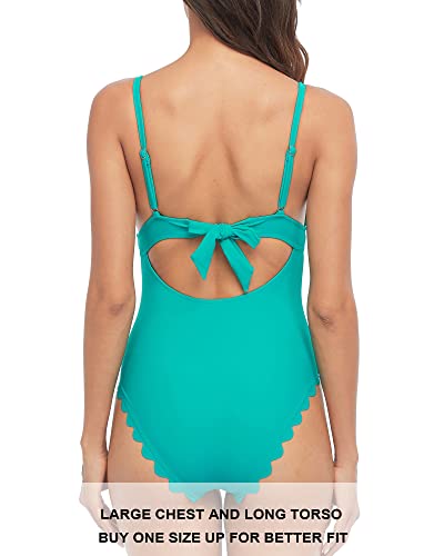 Sociala Scalloped Womens One Piece Swimsuits Padded High Cut Bathing Suits Backless Strappy Monokinis(Large, Aqua) #TOP1