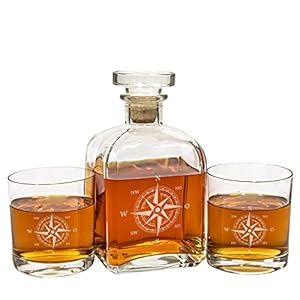 Geschenke 24 Whisky Karaffe mit Gravur I Edel I 2 Gläser I Mit maritimem Kompass Nautikrose I gravierte Geschenkidee für…