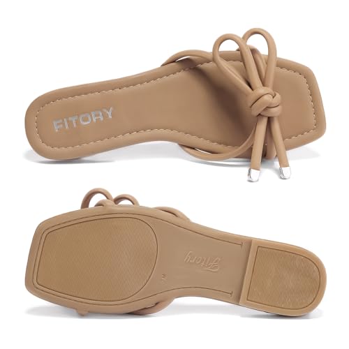 FITORY Women's Flat Sandals Square Open Toe Thong with Cute Knot for Summer Size 6-112