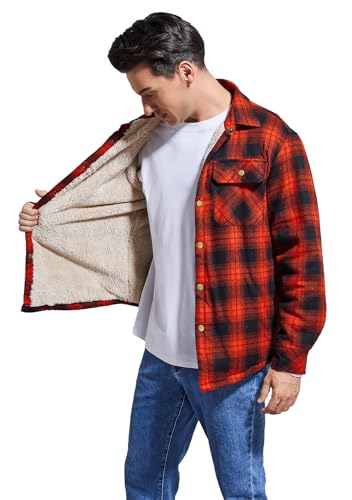 Image of Men's Sherpa Cotton Flannel Shirt Jacket Plaid Button Coat Pocket