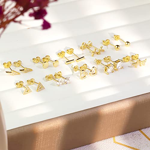 BOUTIQUELOVIN 14K Gold Stud Earrings Set for Women, for Multiple Piercing 925 Silver Plated Studs Earrings and Zirconia Earring Set Small Huggie Hoop Chain Earing2
