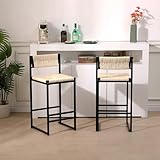 QSOSTNS Rattan Counter Height Bar Stools Set of 2, Boho Bar Stools Outdoor Bar Stools Paper Rope Woven Bar Stools with Backs for Kitchen Bar Dining Room, 220lb Capacity (Creamy)