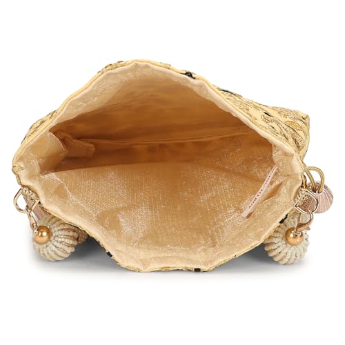 Image of LONGING TO BUY Indian Embroidered Pearl Potli Bag For Women, Sequence Design with Tassel, Wedding Potli Bags
