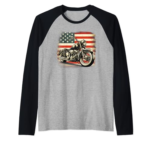 Motorcycle USA Flag Retro Biker lover Patriotic 4th of July Raglan Baseball Tee