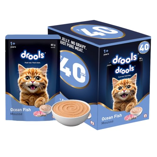 Image of Drools Adult Cat Wet Mousse 80g Pack of 5, 400g | Ocean Fish Flavour | Rich in Protein, Hydrating & Easy to Digest | No Artificial Flavours | with Essential Vitamins & Antioxidants