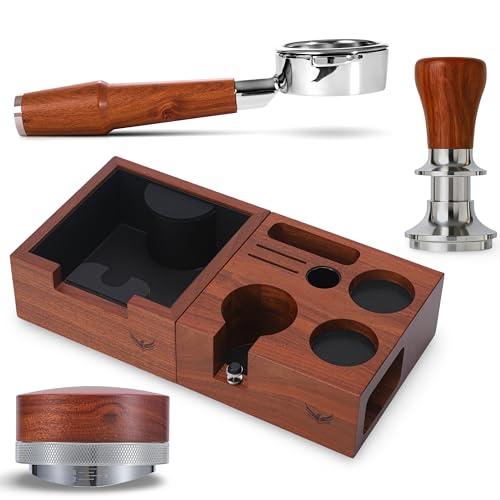 KNODOS 58mm Gaggia Espresso Accessories Kit –Rosewood Naked Portafilter, Auto-Level Espresso Press, Ground Distribution Tool, Wooden Barista Holder & Coffee Puck Knock Bin