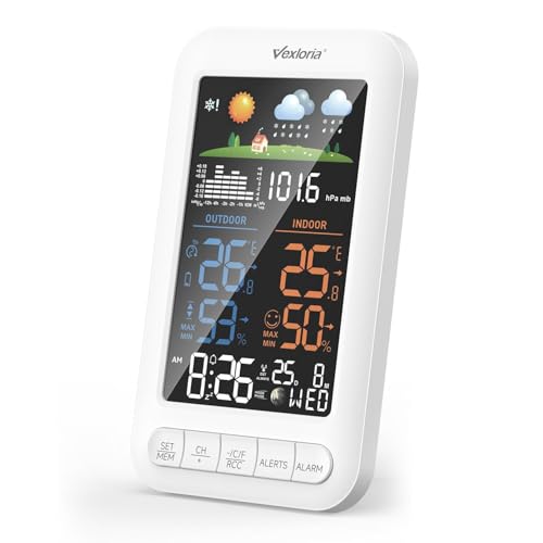Vexloria EstacióN MeteorolóGica InaláMbrica Con Sensor Exterior, Radio Reloj Digital Dcf, TermóMetro De Interior, HigróMetro De Interior, Pronosticador Del Tiempo, Actualizar VersióN Blanco