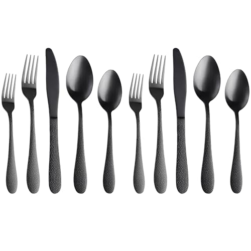 Image of aDai Hammered Matte Black Silverware Set | 10-Piece Premium Stainless Steel Flatware Set | Dishwasher Safe Cutlery Set for Home, Restaurant & Gifting