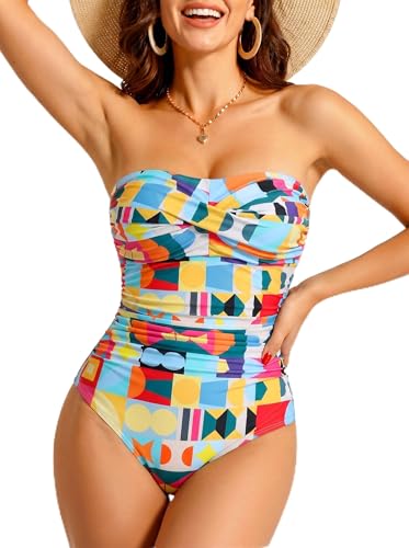Image of Smismivo Tummy Control Swimwear Strapless One Piece Swimsuit Ruched Bathing Suits for Women Slimming Bandeau Tube Top Bikini