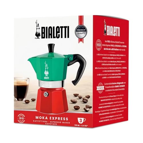 Bialetti - Collection Moka Express Italia: La Cafetière Expresso Iconique, Qui Fait Du Véritable Café Italien, Cafetière Moka 3 Tasses (130 Ml), Aluminium, Coloré En Rouge, Vert Et Argent (Lot de 5)