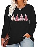 GeLivable Womens Plus Size Tops Pink Christmas Tree Graphic Long Sleeve Shirts O Neck Tunic Tops