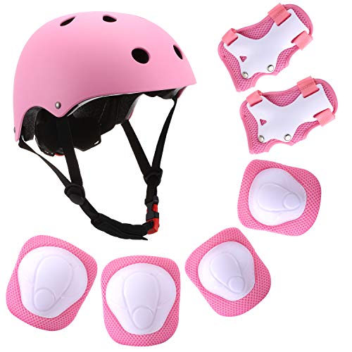 Szulight Kids Protective Gear Set Adjustable Helmet Knee Elbow Pads Wrist Guards Pads for 3-8 Years Toddler Boys Girls, Roller Skating Skateboard Scooter Cycling Bike. (Pink)