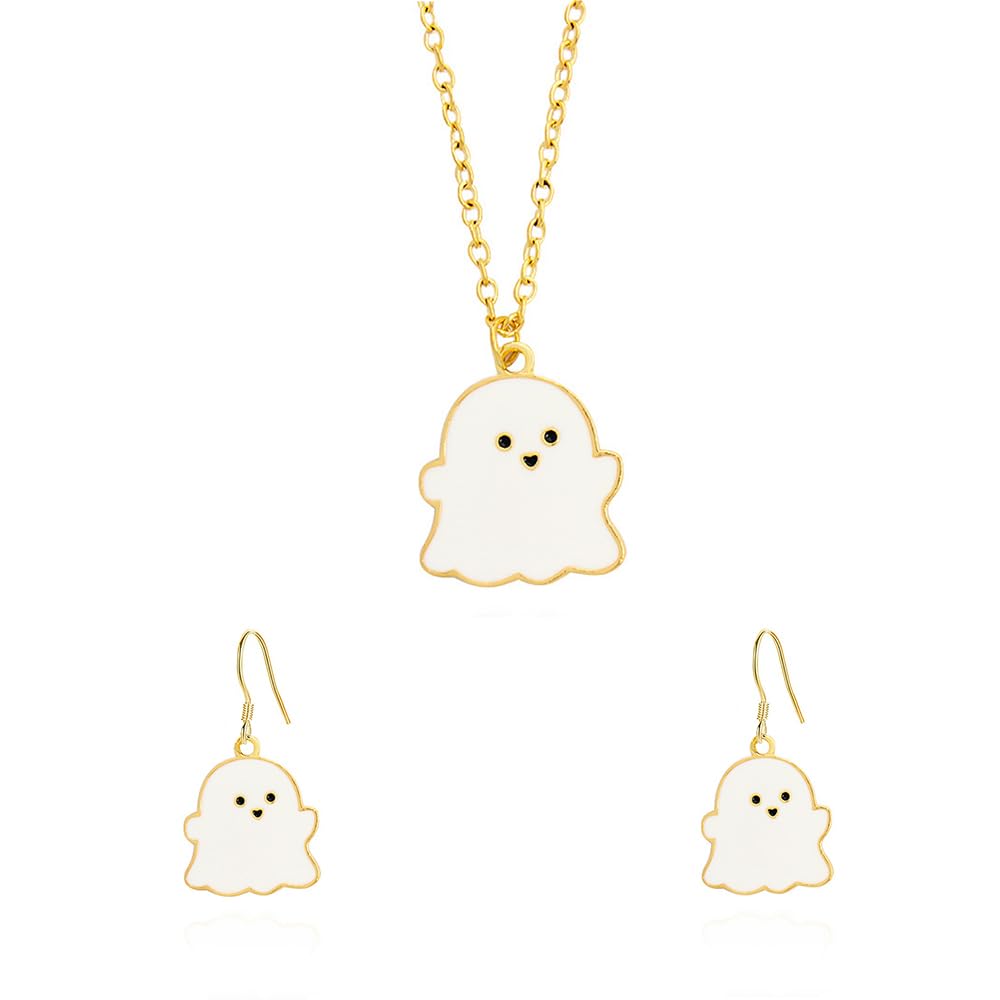 rgwtgkyhHalloween Ghost Earring Necklace Set for Woman Man Lovely Ghost Charm Pendant Enamel Earrings for Couple Memorial Jewelry Gifts