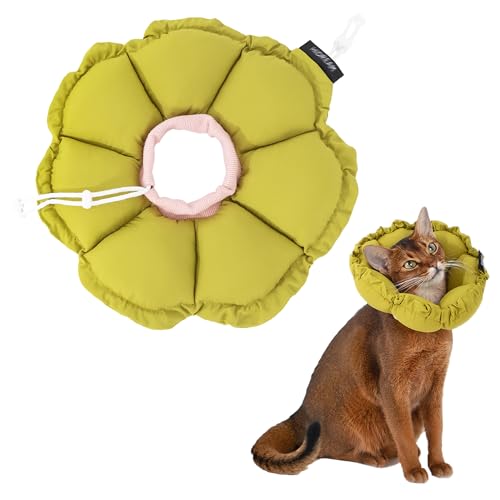 エリザベスカラー 猫用 小型犬用 術後ケア 内外調整可能 柔らかい 嫌がらない 布製 軽量 防水 傷舐め防止 引っ掻き防止 飲食妨げない 可愛い花型 (グリーン, M(首回り17-27cm))