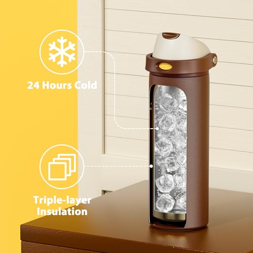 Image of 24 oz Insulated Water Bottle with Straw: Meoky Stainless Steel Metal Water Bottle with 2-in-1 Lid - Leak Proof, Cold for 24 Hours, Fits in Car Cup Holder, BPA-Free for Travel Sports Gym, Cocoa