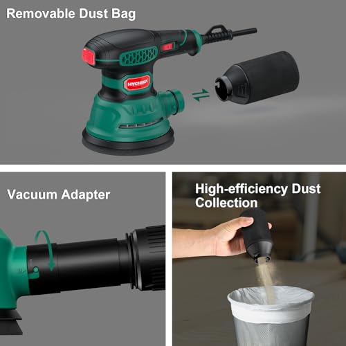 Hychika Random Orbital Sander, 300W 12000OPM Orbital Sander, 6 Variable Speeds,16 Sanding Discs(125Mm), With Dust Collection And Quick Braking Functionality, For Sanding And Polishing Wood - 6